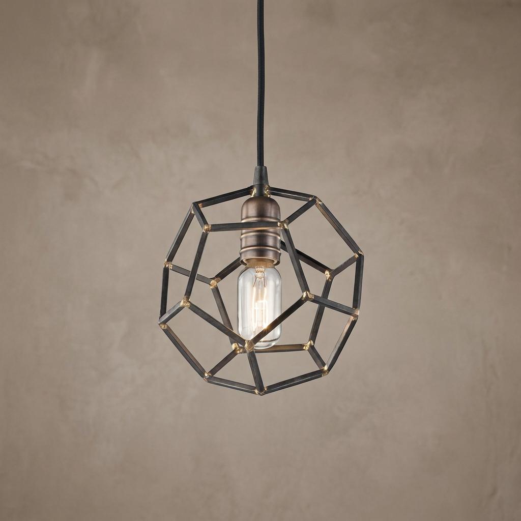 Kichler Rocklyn mini pendant featuring a geometric raw steel cage and vintage bulb against a textured wall.