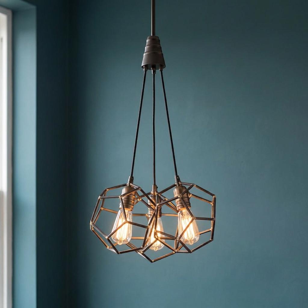 Kichler Rocklyn 3 light chandelier featuring raw steel geometric cages and warm Edison bulbs against a teal wall.