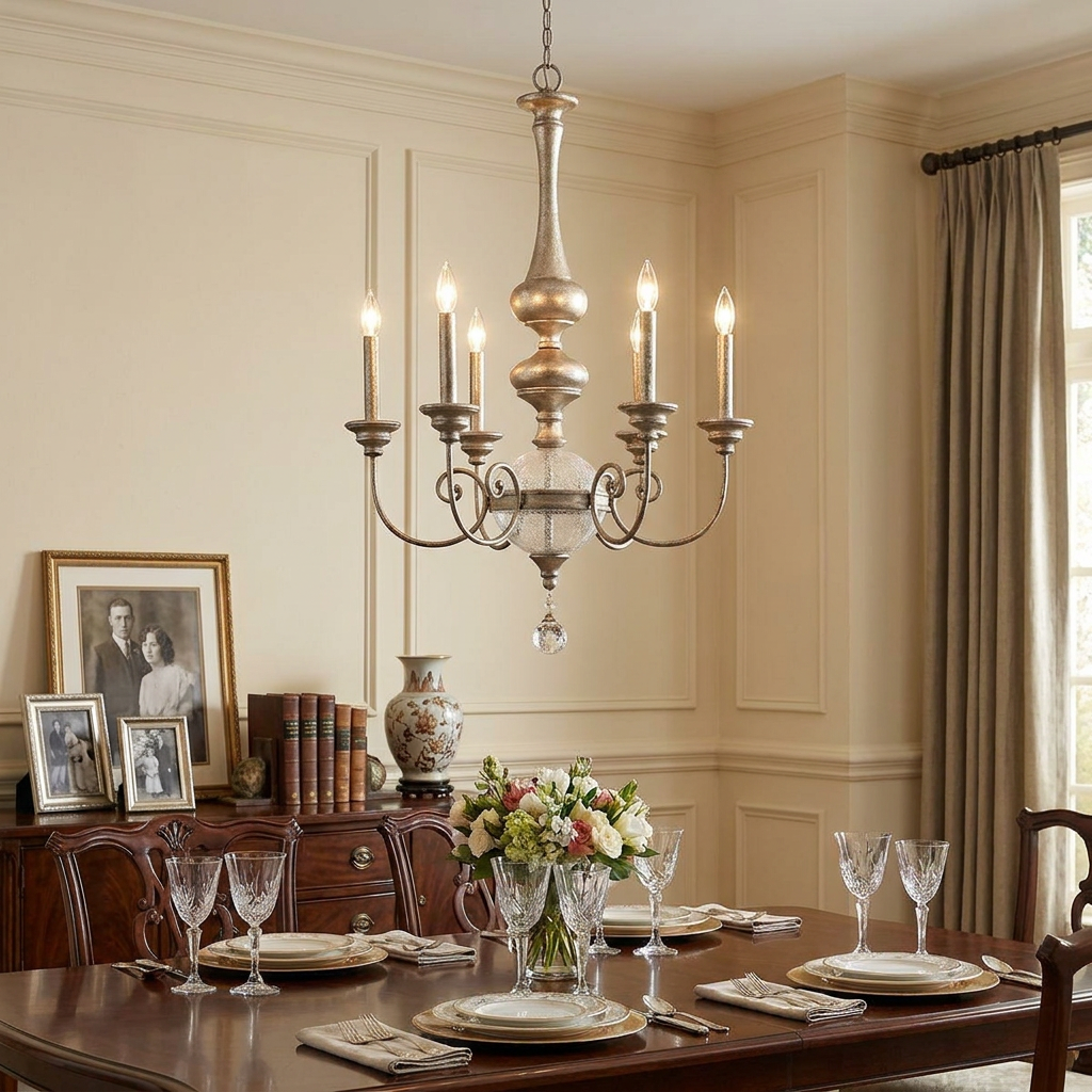 Kichler Rosalie gold chandelier with candle-style bulbs over an elegant dining room table set for a meal.