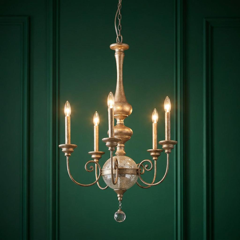 Five-light gold chandelier with a crackled glass orb and crystal drop, set against a dark green paneled wall.