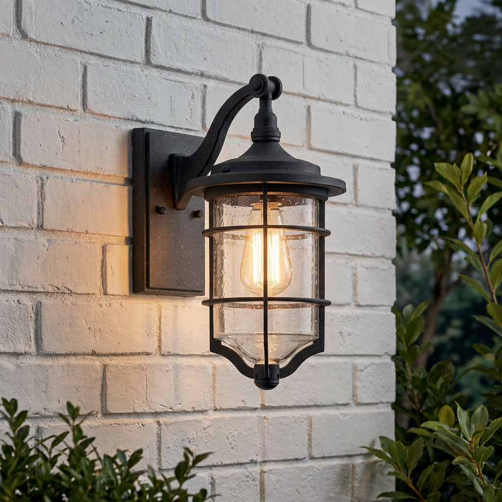 Kichler Royal Marine black outdoor wall lantern with an Edison bulb mounted on a white brick wall.
