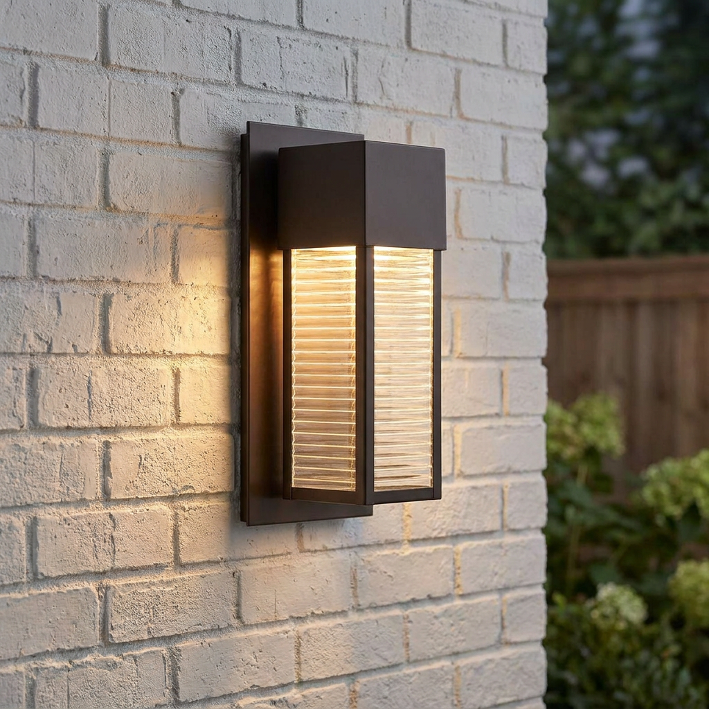 Kichler Sorel LED bronze outdoor wall light with ribbed glass mounted on a white brick wall.