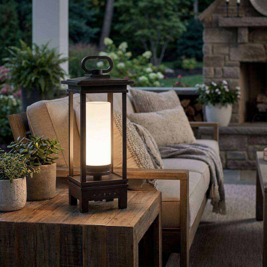 Glowing black Kichler South Hope portable lantern with speaker on a wooden table in a patio setting.