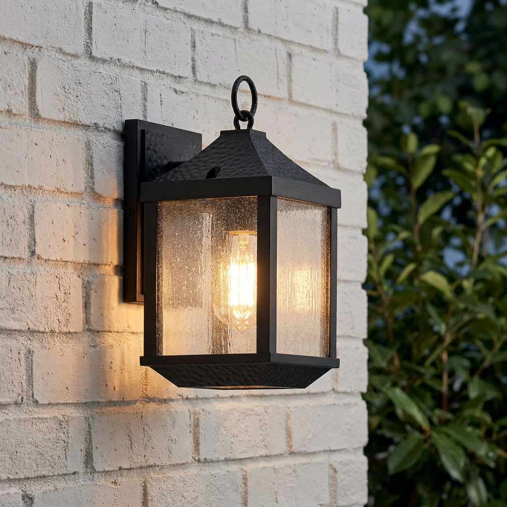 Hammered black outdoor lantern with seeded glass and a warm glowing bulb mounted on a white brick exterior wall.