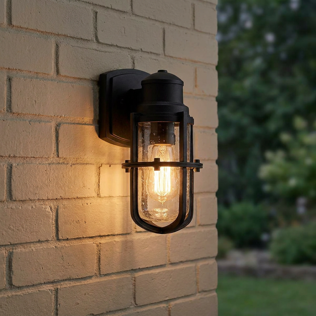 Nautical black outdoor wall lantern with seeded glass and warm glowing bulb on a light brick wall.