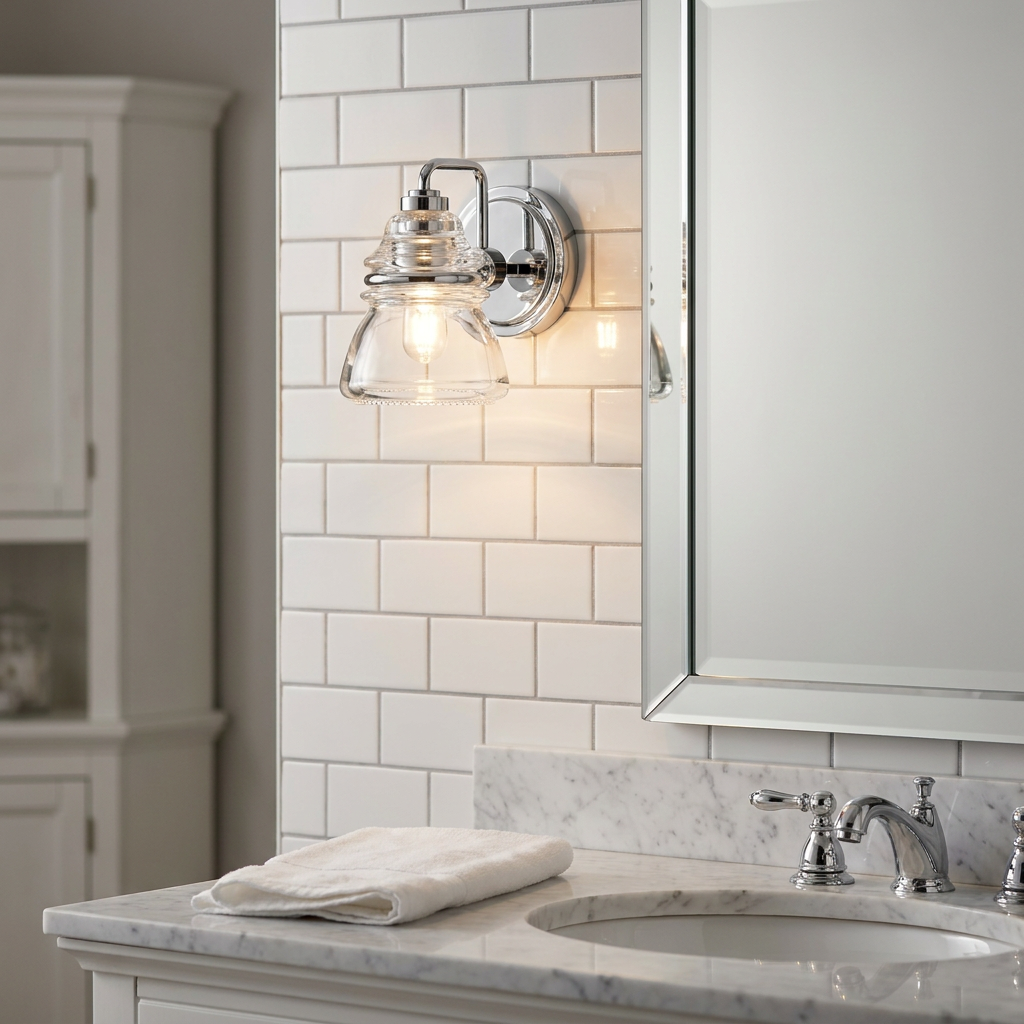 Chrome wall light with clear glass shade mounted on white subway tiles above a bathroom vanity.