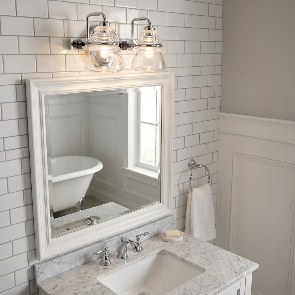 Chrome two-light vanity fixture with clear glass shades above a white-framed bathroom mirror on a subway tile wall.