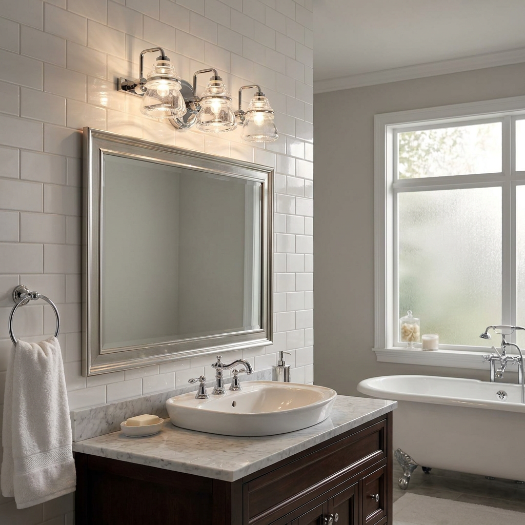 Kichler Talland 3-light chrome vanity light with seeded glass shades mounted above a bathroom mirror on white tile.