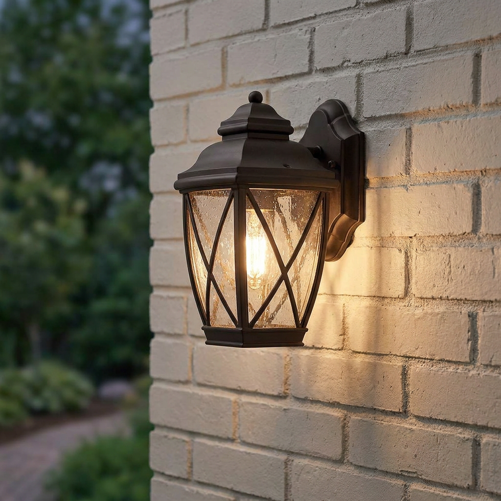 Kichler Tangier bronze outdoor wall light with seeded glass illuminated on a white brick wall.