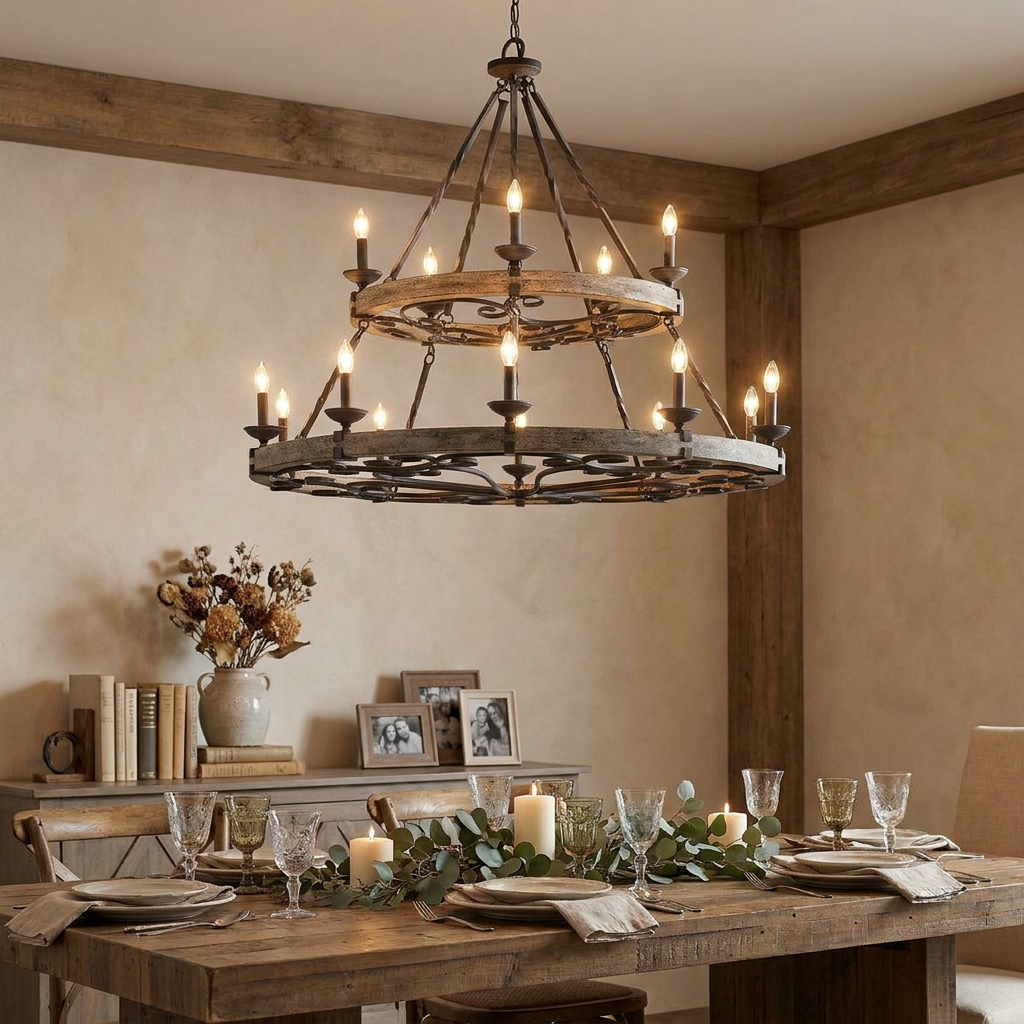 Two-tier Kichler Taulbee chandelier with 15 lights hanging above a set rustic wooden dining table.