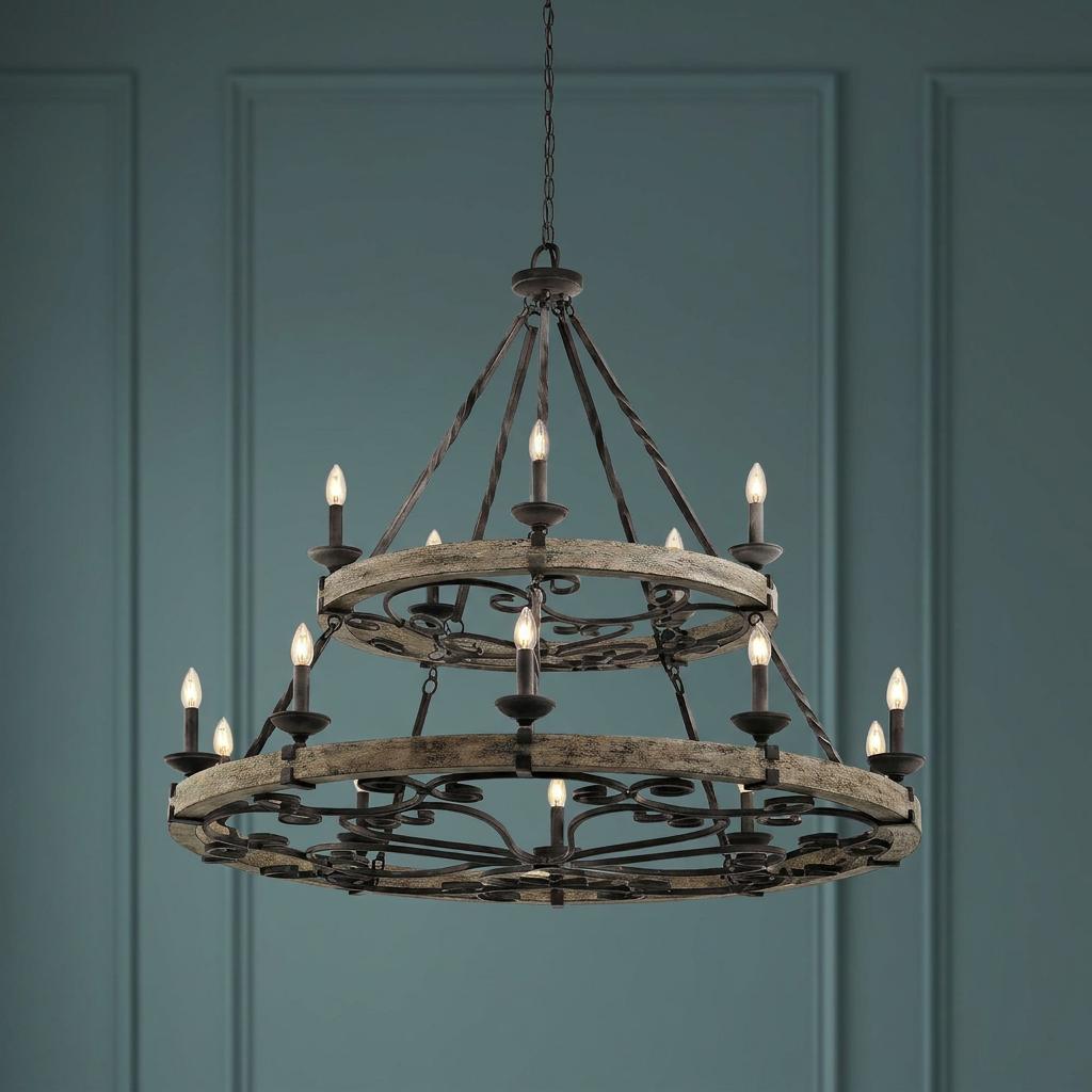 A two-tier rustic wagon wheel chandelier with 15 candle-style lights, weathered zinc and oak finish.