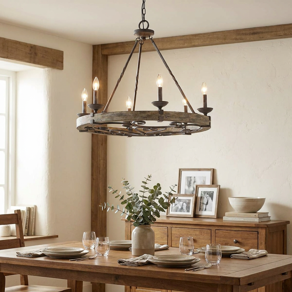 Rustic six-light wagon wheel chandelier over a wooden dining table in a farmhouse-style room.