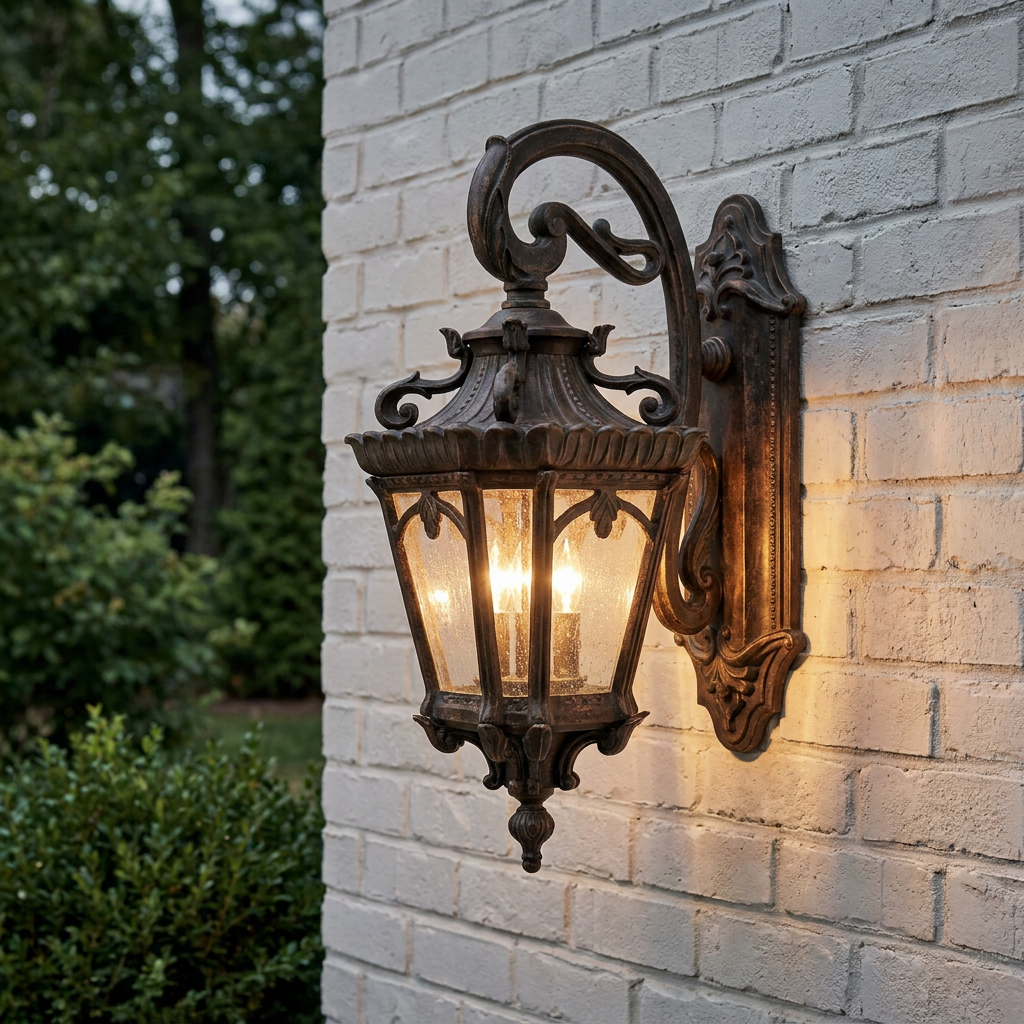 Ornate bronze outdoor lantern with seeded glass panels illuminated on a white brick wall.