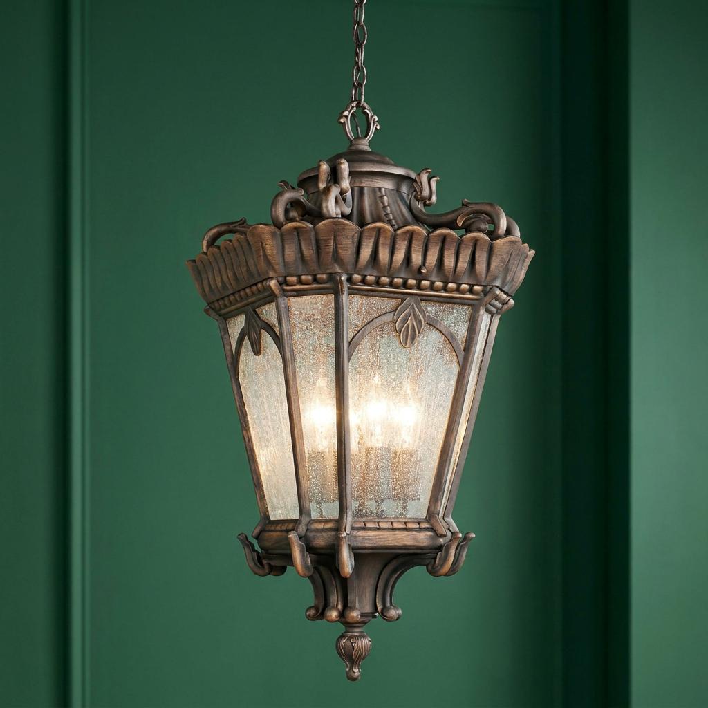 An ornate bronze-finished outdoor pendant lantern with seeded glass and candle bulbs against a dark green wall.