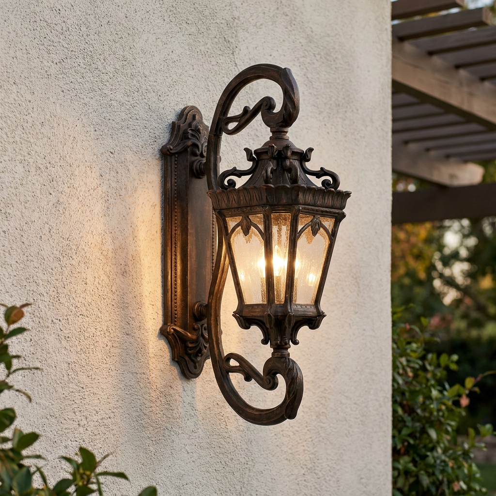 Ornate bronze outdoor wall lantern with seeded glass and scrollwork details mounted on a textured light wall.