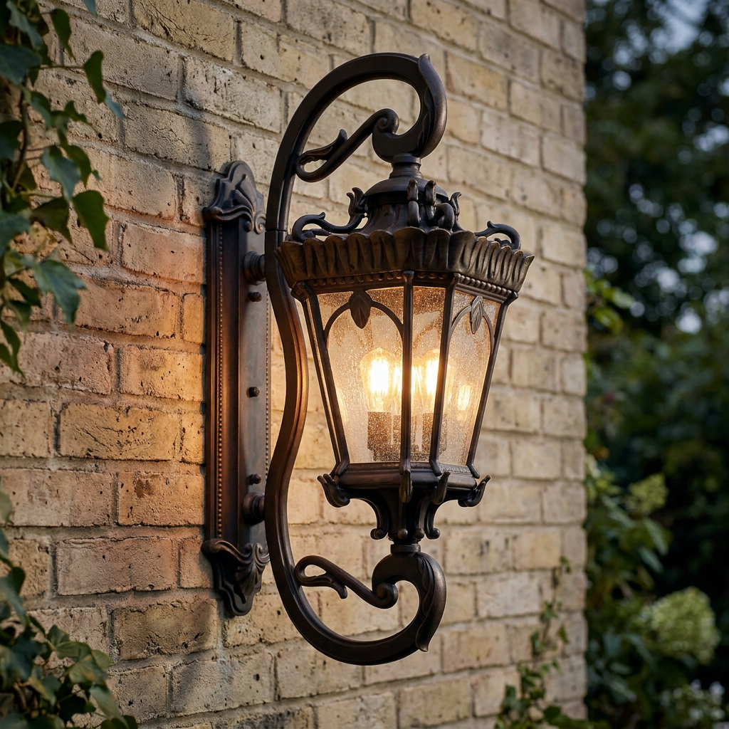 Ornate Kichler Tournai wall lantern in Londonderry finish with seeded glass, lit and mounted on a brick wall.