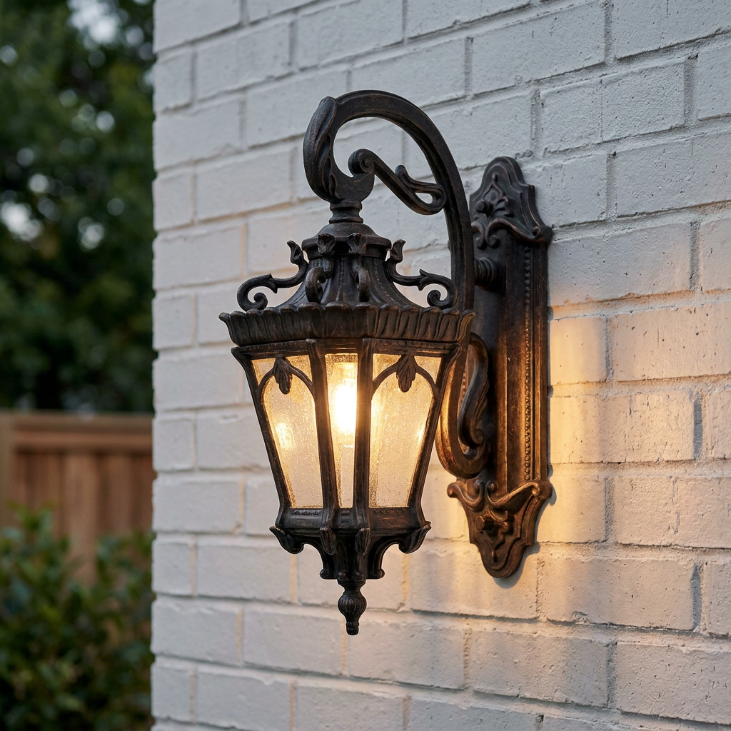 Ornate Londonderry finished outdoor wall lantern with seeded glass panels mounted on a white brick wall.