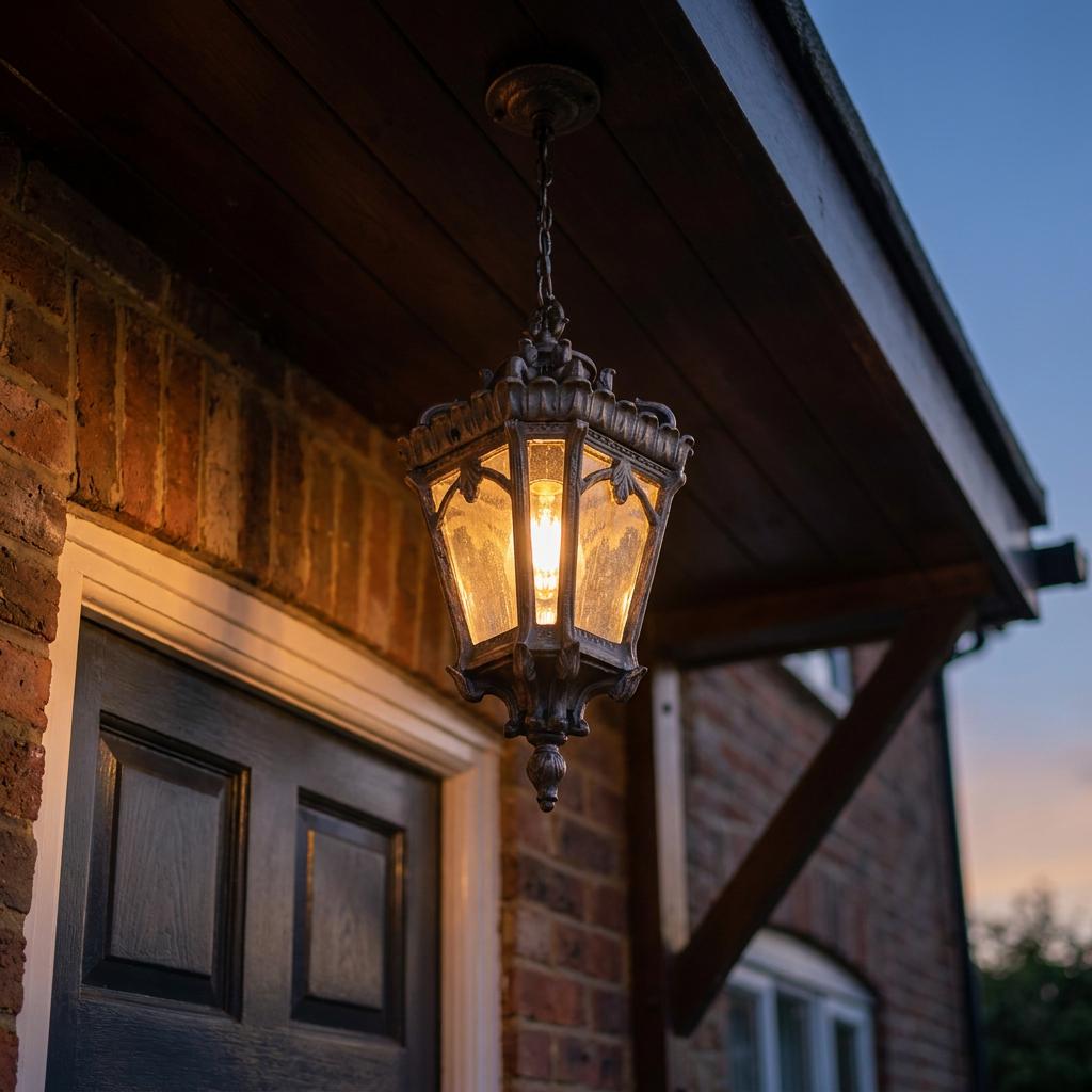 Ornate Kichler Tournai Londonderry outdoor pendant light with a warm bulb, hanging from a porch roof at dusk.