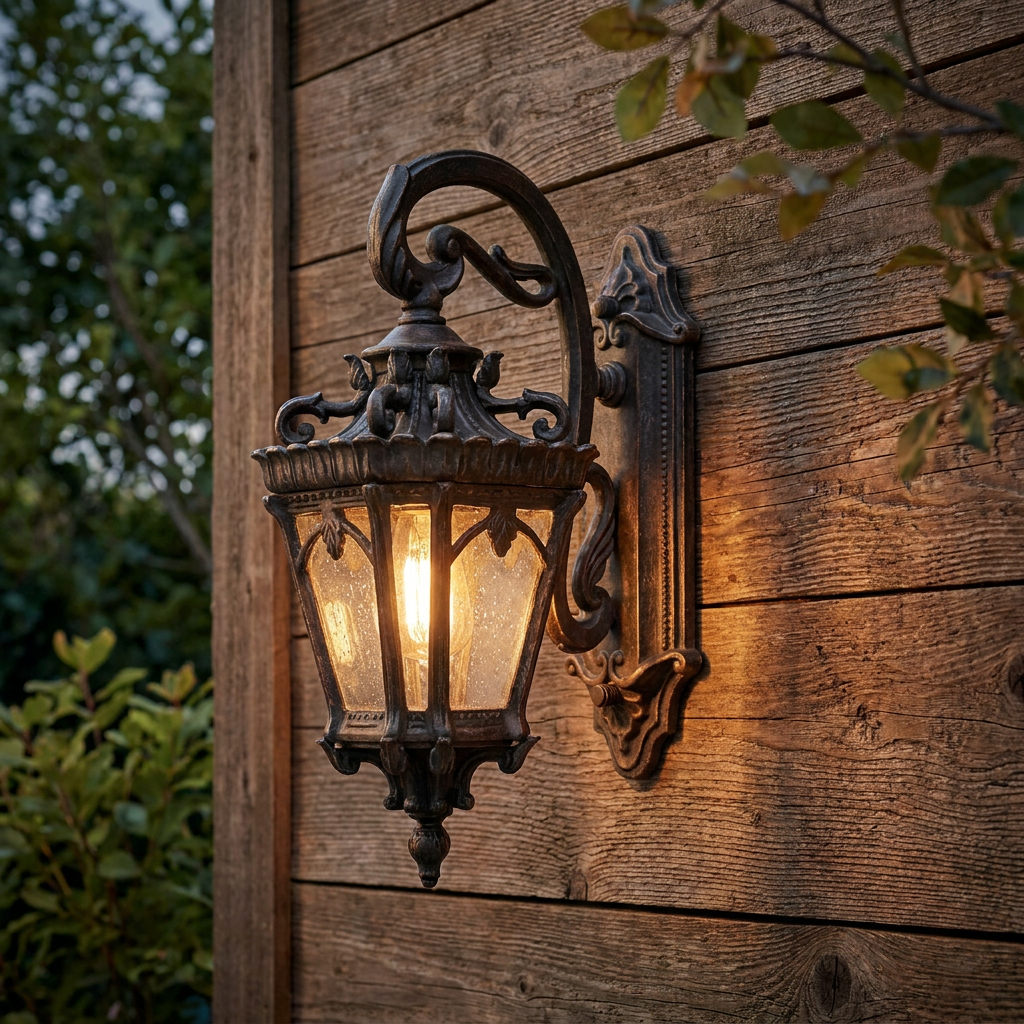Ornate Kichler Tournai Londonderry outdoor lantern with seeded glass, glowing on a rustic wooden wall.