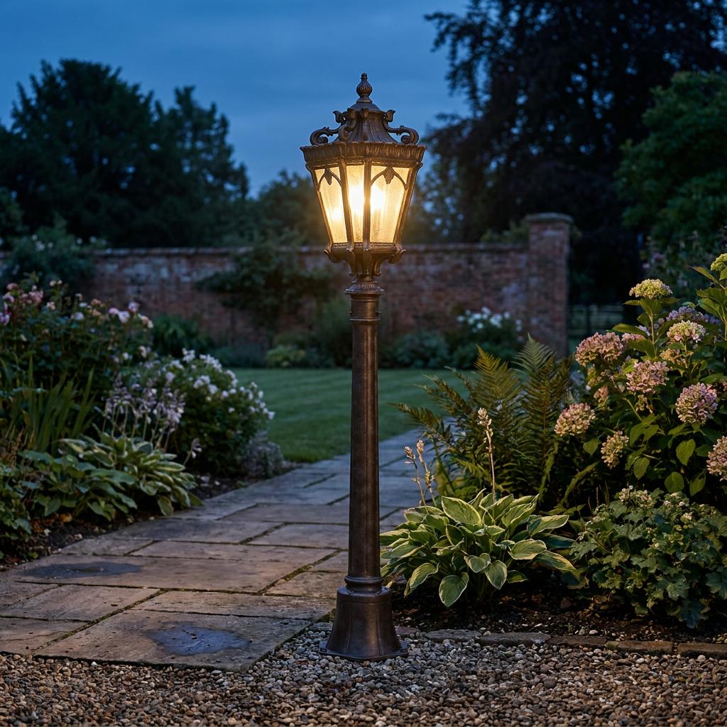 Traditional outdoor lantern bollard light glowing on a paved garden walkway at dusk.