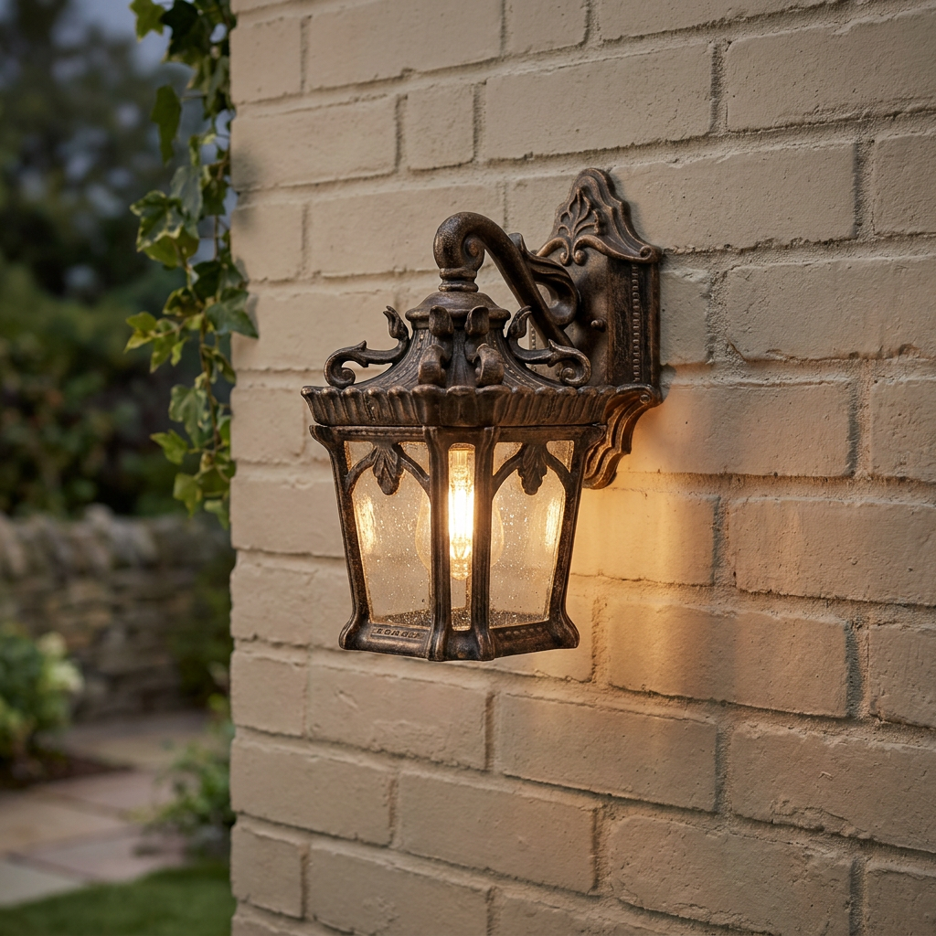 Traditional ornate bronze lantern wall light with seeded glass mounted on a brick wall, glowing with warm light.