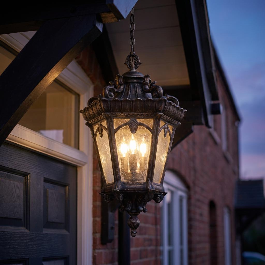 Ornate Kichler Tournai Londonderry outdoor pendant light hanging from a porch roof, illuminating with a warm glow.