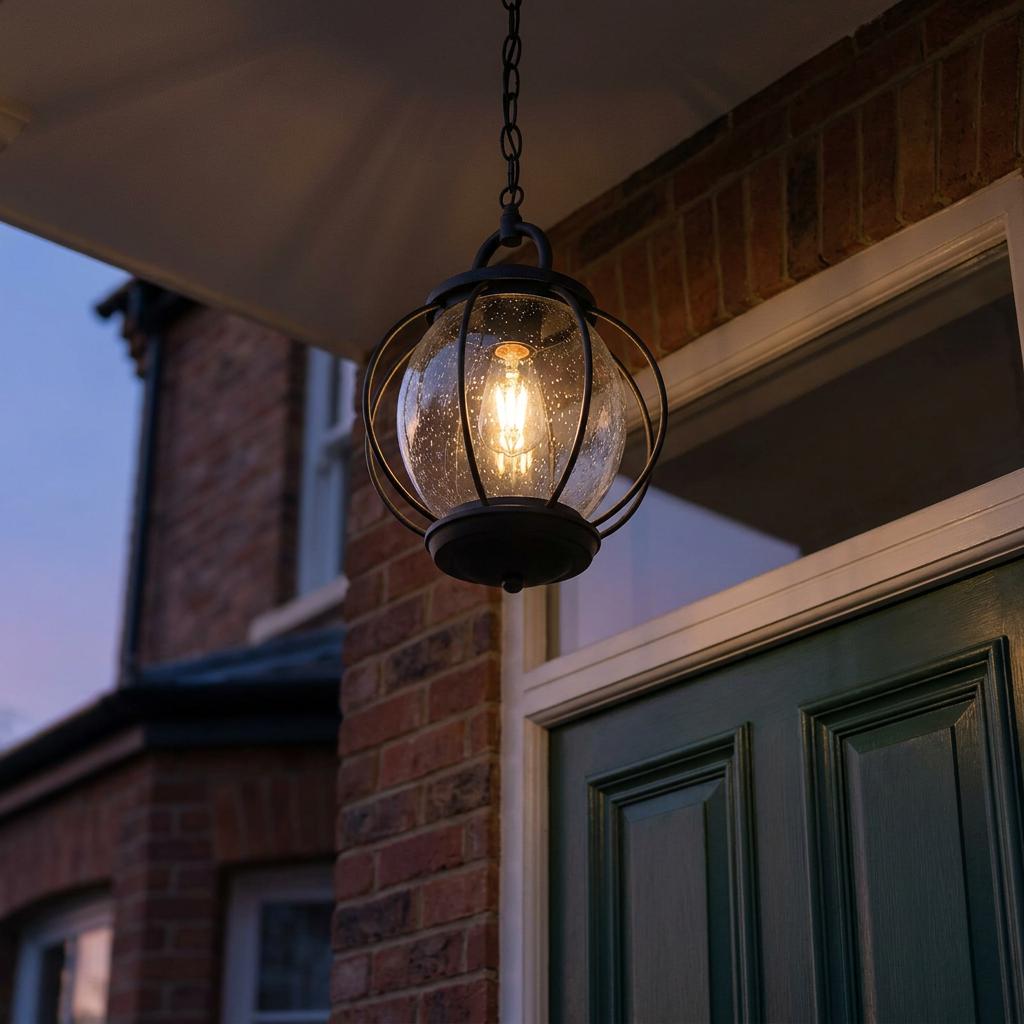 A black caged globe outdoor pendant with seeded glass hangs illuminated on a brick porch at dusk.