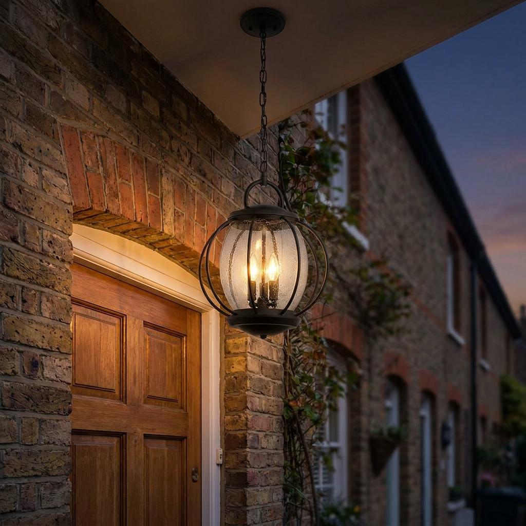 Black Kichler Vandalia 3-light outdoor pendant with seeded glass globe, hanging above a wooden door at dusk.