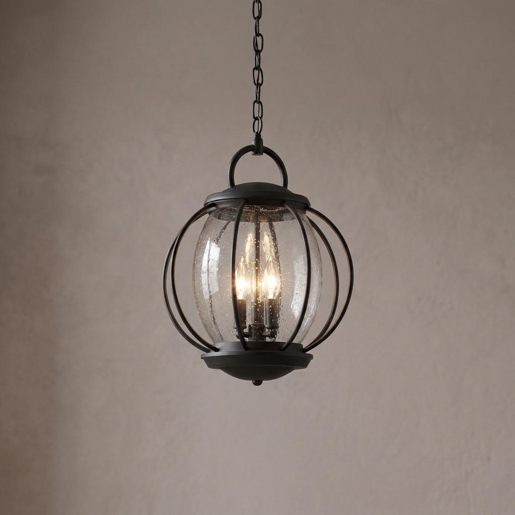 Black Kichler Vandalia three-light outdoor pendant with a seeded glass globe and metal cage frame.