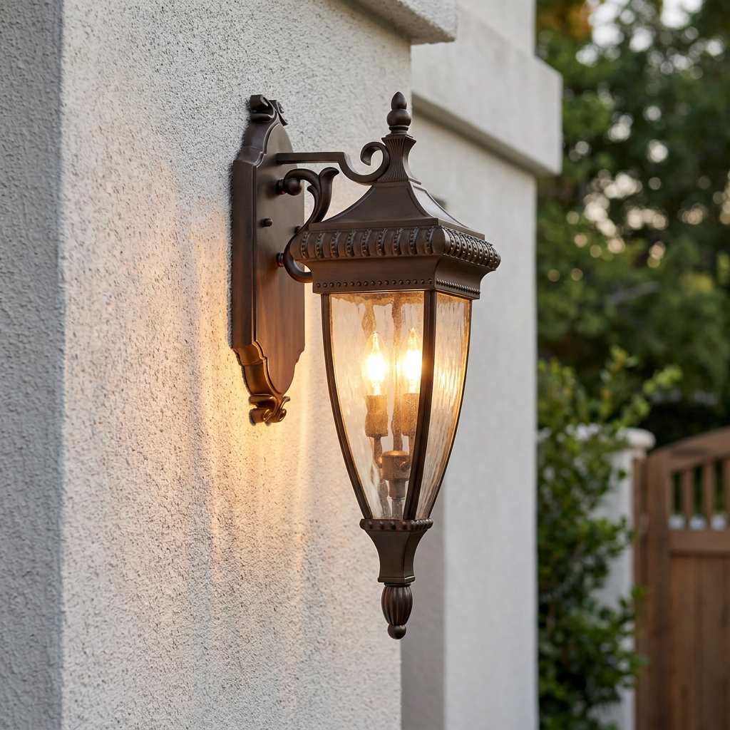 Kichler Venetian Rain bronze outdoor wall light with glowing bulbs mounted on a white textured wall.