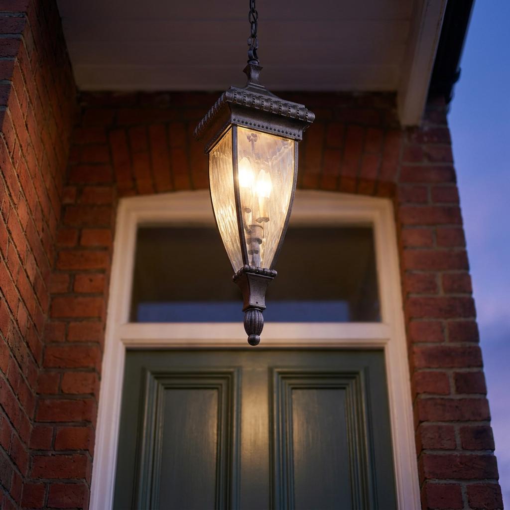 Illuminated brushed bronze outdoor pendant lantern hanging in front of a green door under a brick porch.