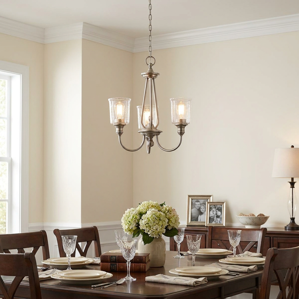 Kichler Waverly 3-light classic pewter chandelier with seeded glass shades hanging over a set dining table.