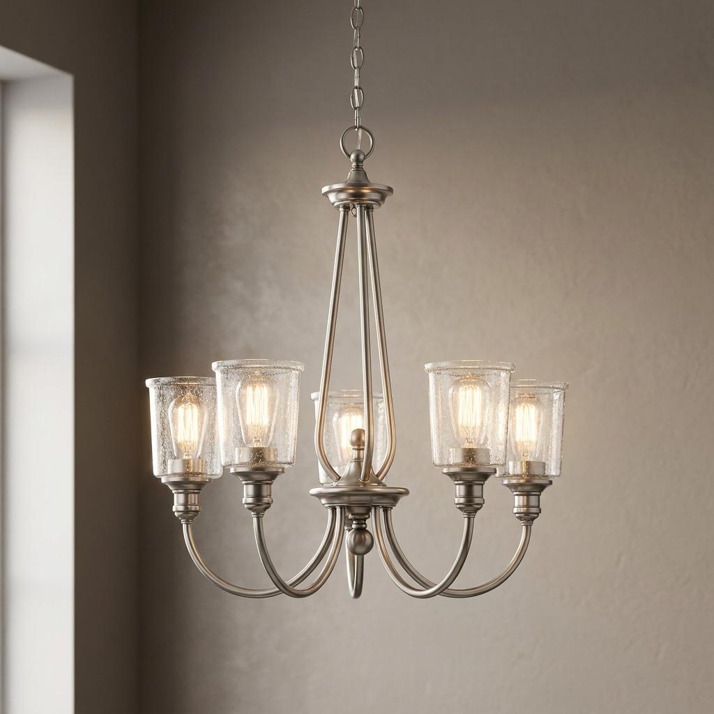 Five-light classic pewter chandelier with cylindrical seeded glass shades and vintage bulbs against a tan wall.