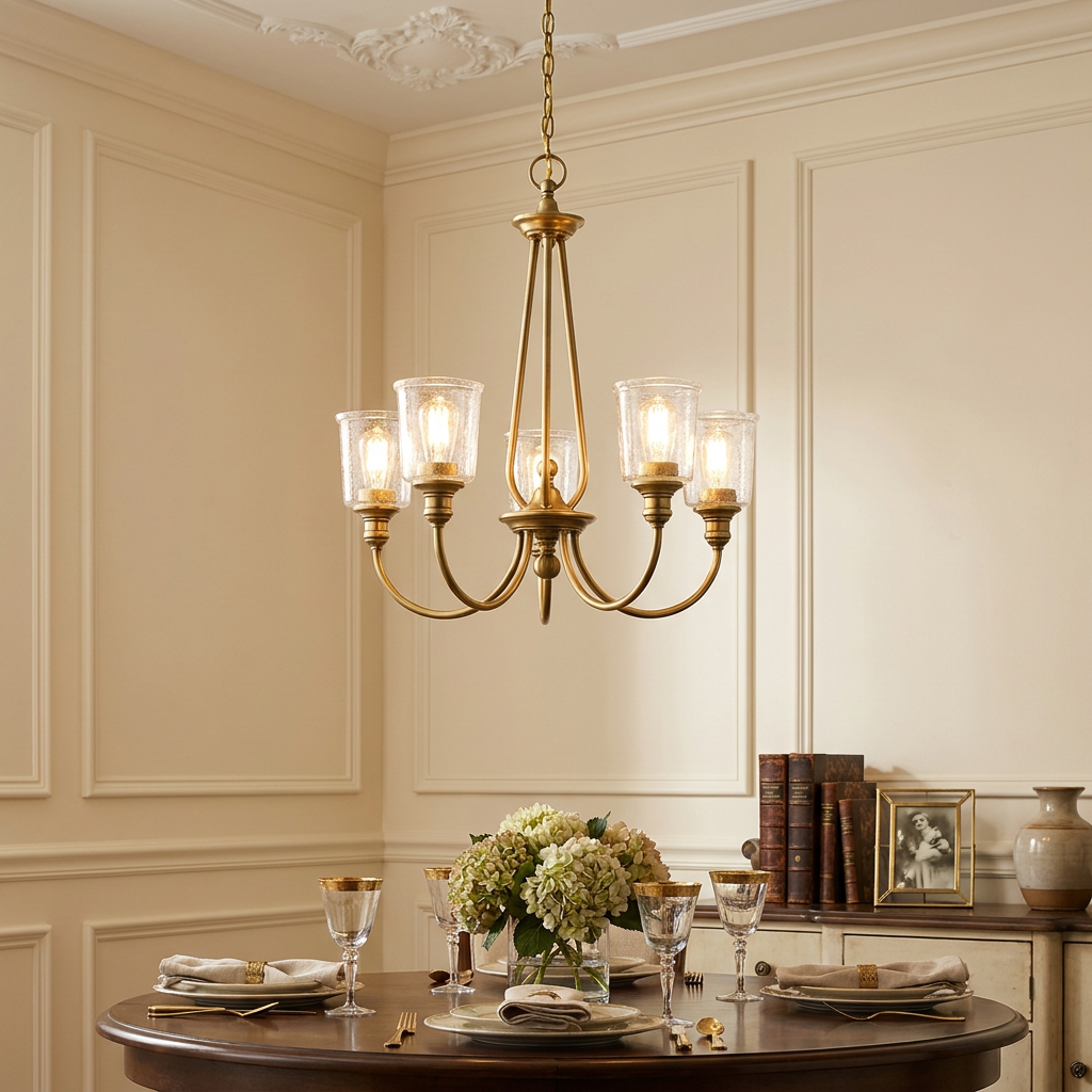 Natural brass 5-light chandelier with seeded glass shades hanging over a formal dining table in a paneled room.