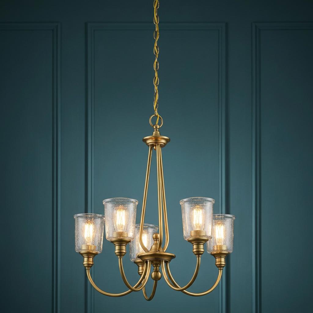 Five-light natural brass chandelier with seeded glass shades hanging against a teal paneled wall.