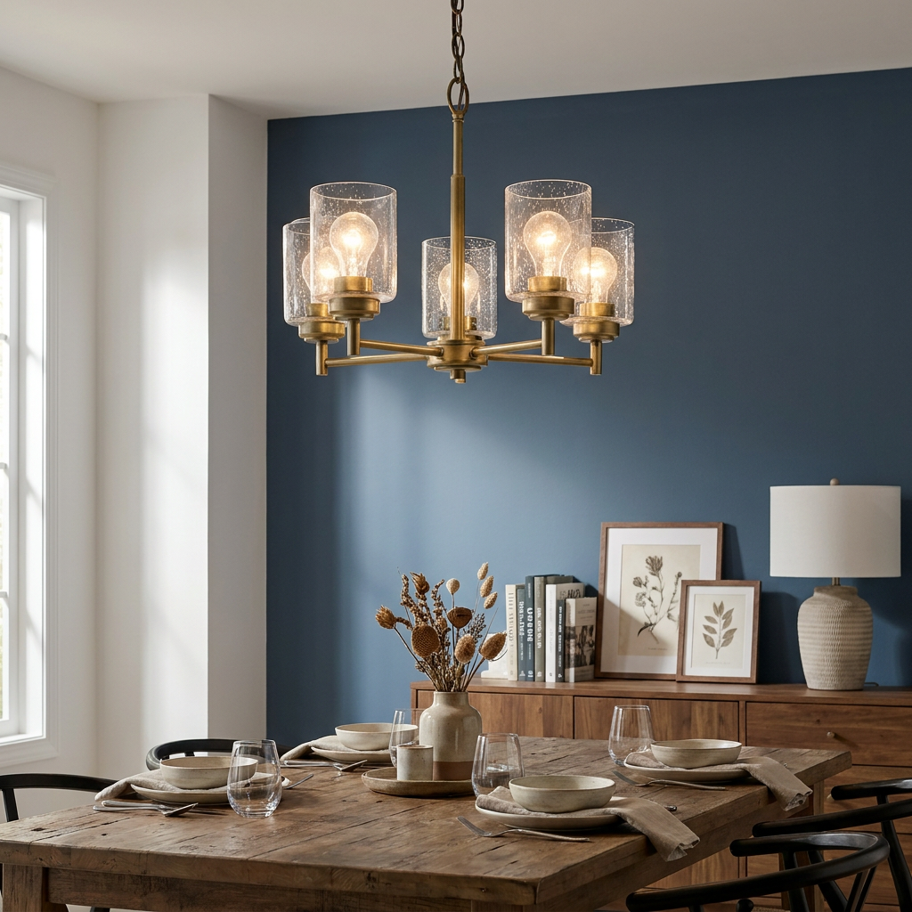 Five-light brass chandelier with seeded glass shades over a rustic wooden dining table against a navy blue wall.