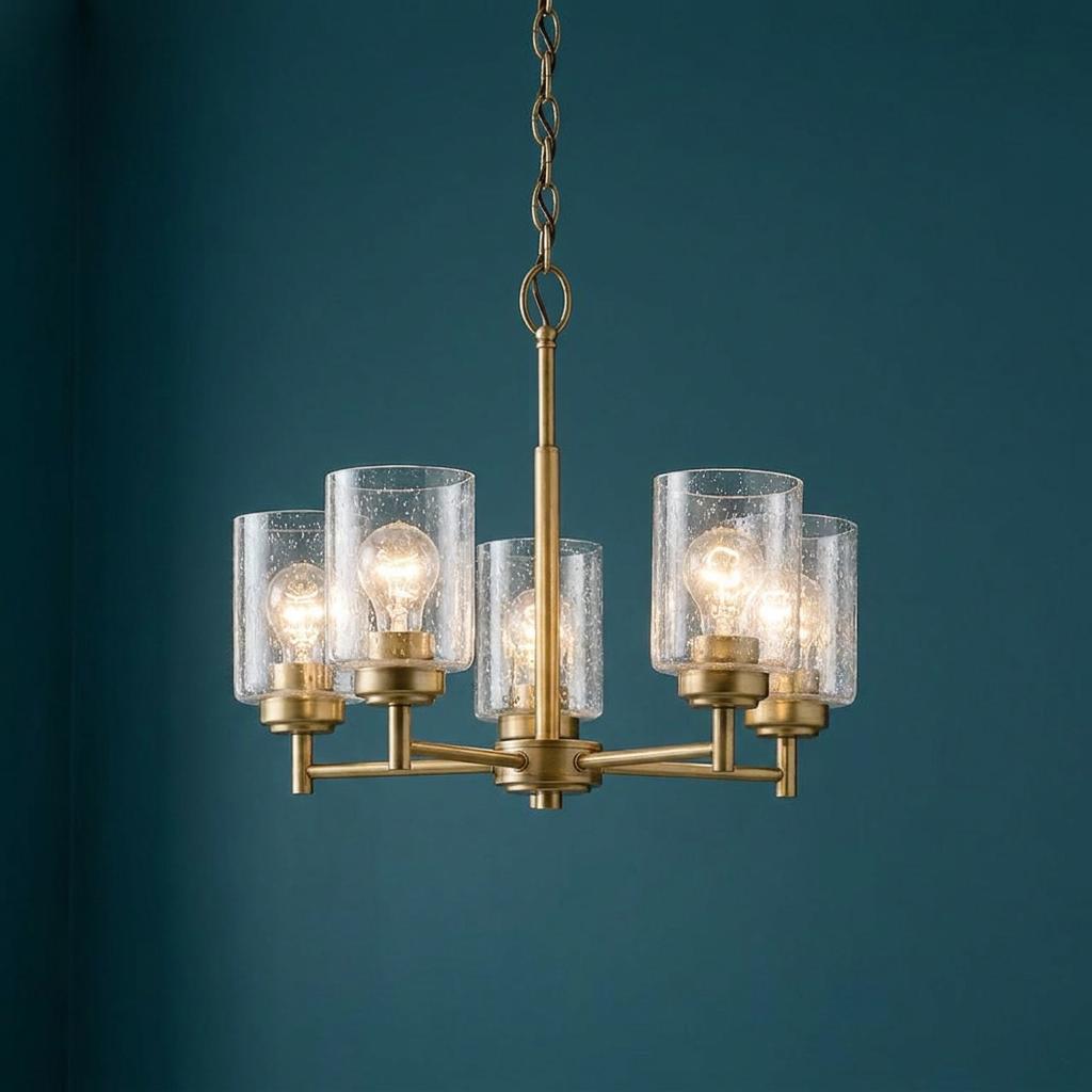 Kichler Winslow five-light brass chandelier with seeded glass shades against a dark teal background.