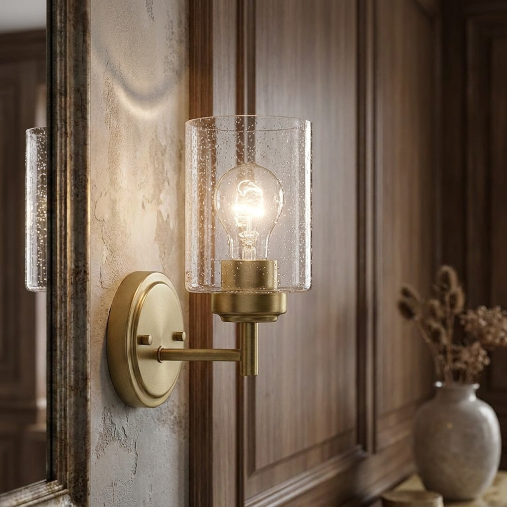 Brass wall sconce with a seeded glass cylindrical shade mounted on a textured wall next to a mirror.
