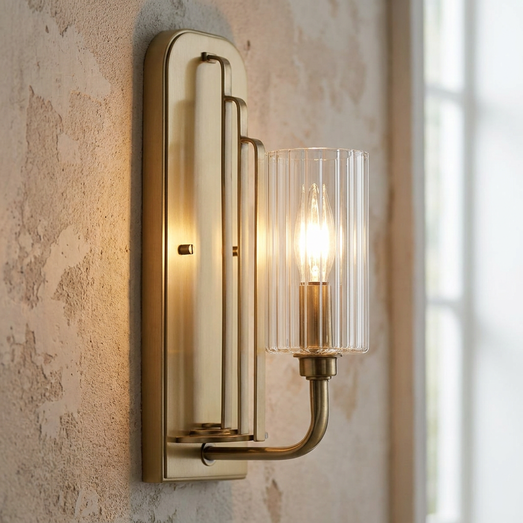 Kimrose 1 Light Brass Wall Light with a fluted glass shade mounted on a textured neutral wall.