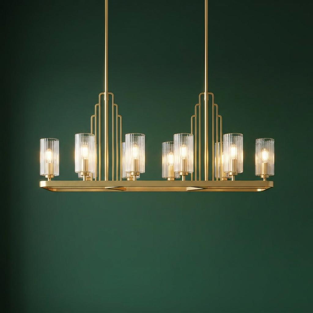 Art Deco-inspired Kimrose 10-light linear brass chandelier with ribbed glass shades against a dark green wall.