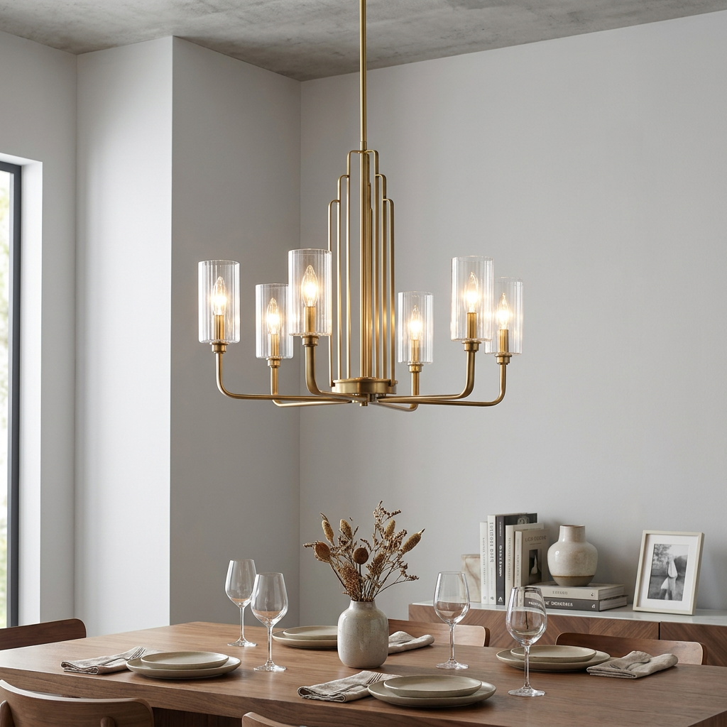 Kimrose 6-light brass chandelier with ribbed glass shades hanging over a modern set dining table.