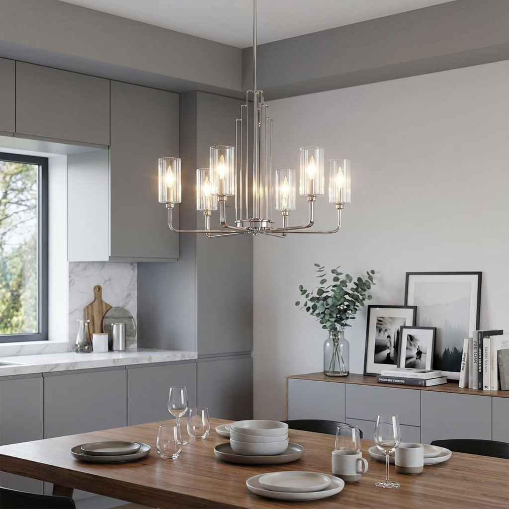 Kimrose 6-light nickel chandelier with fluted glass shades hanging over a wooden dining table in a modern kitchen.