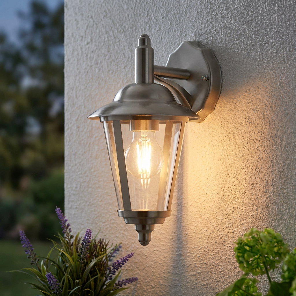 Polished stainless steel hanging outdoor lantern with a warm glowing bulb mounted on a textured white wall.