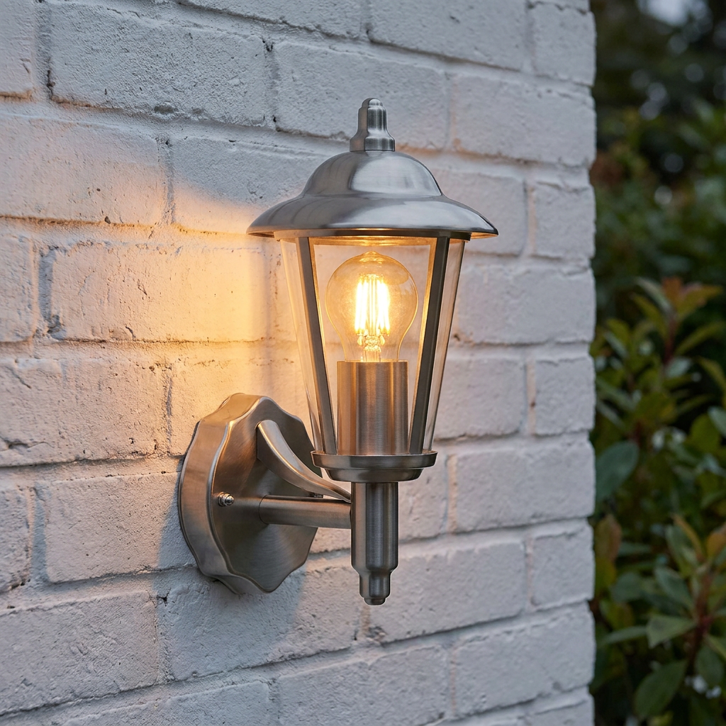 Illuminated stainless steel upright lantern wall light mounted on white brickwork.
