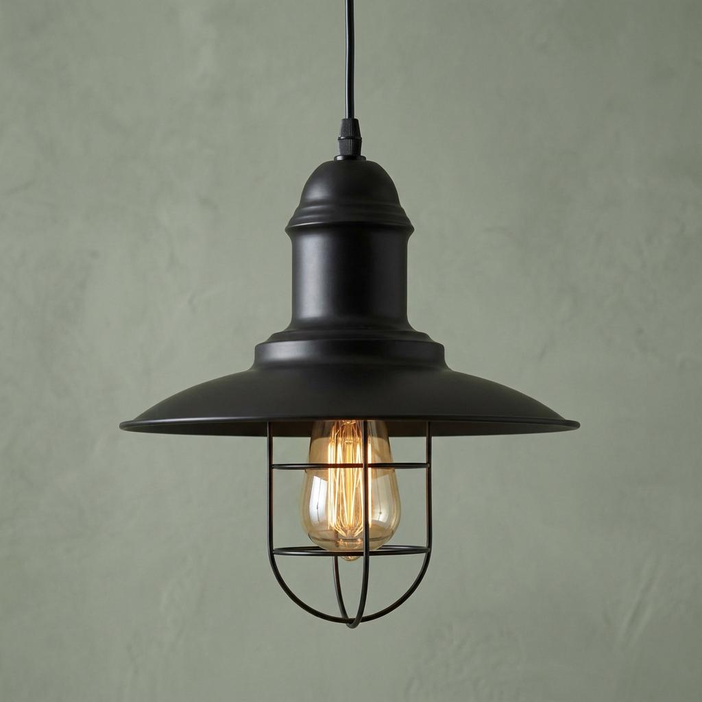 Industrial black ceiling pendant light with a metal cage and glowing filament bulb against a green wall.