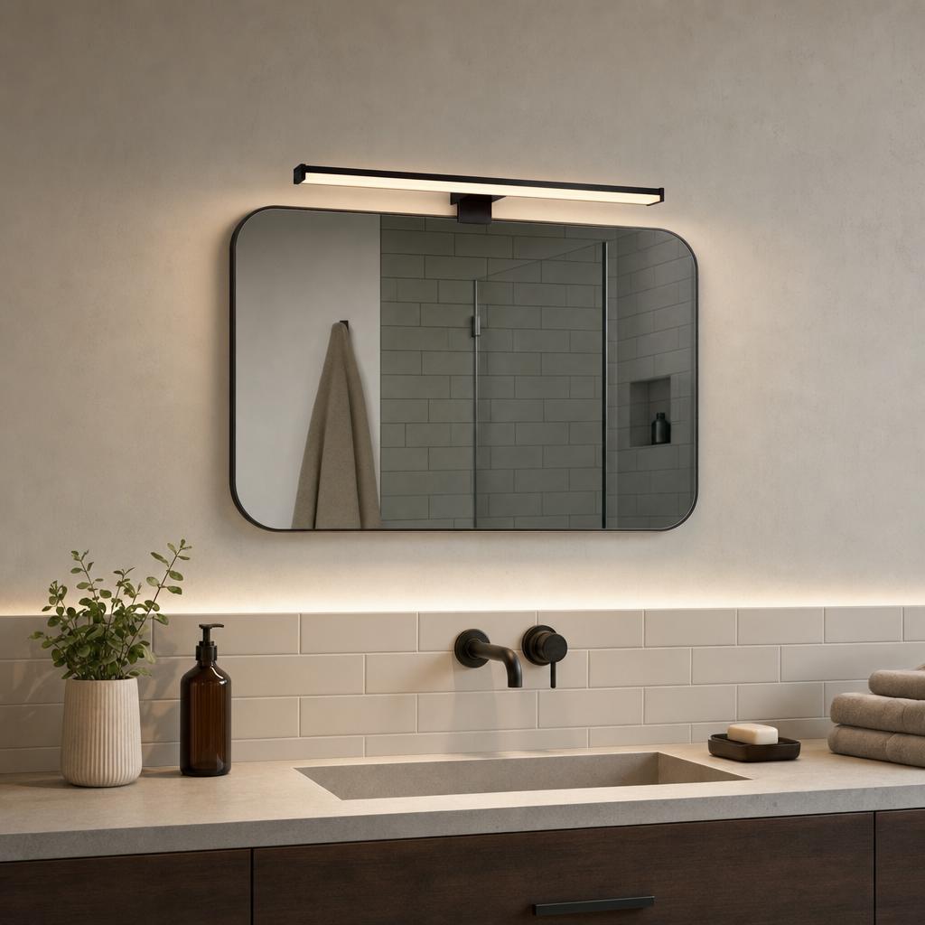 Modern black linear mirror light illuminates a sleek bathroom vanity with a rounded rectangular mirror and integrated sink.