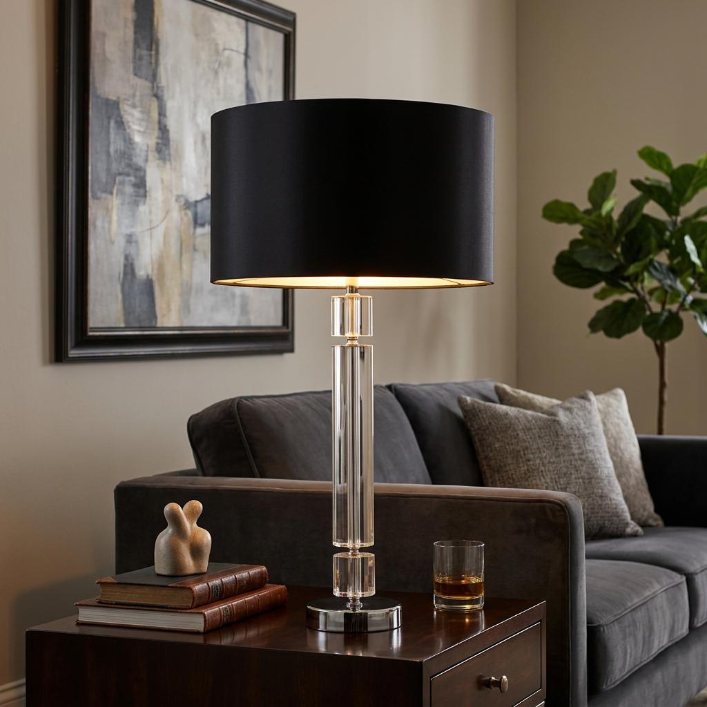 Modern table lamp with a clear faceted glass base and black drum shade on a living room side table.