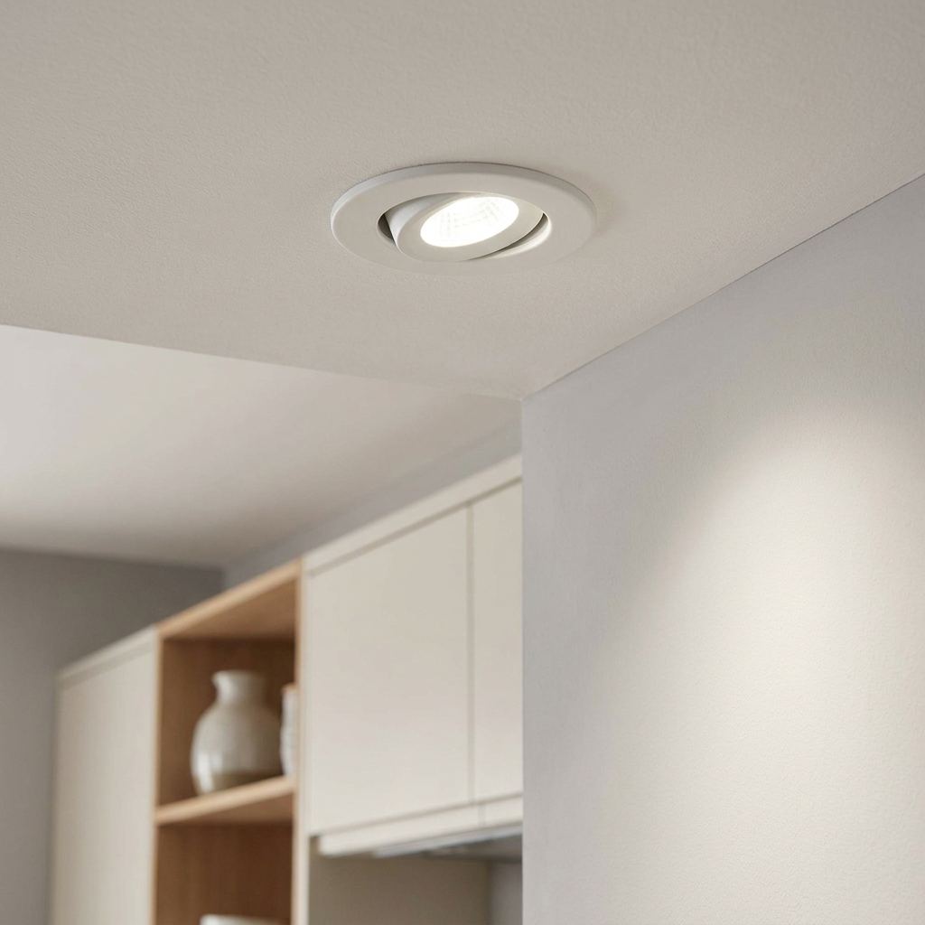 A white LALO tilt recessed light emitting a cool white glow from a neutral-toned ceiling in a kitchen setting.