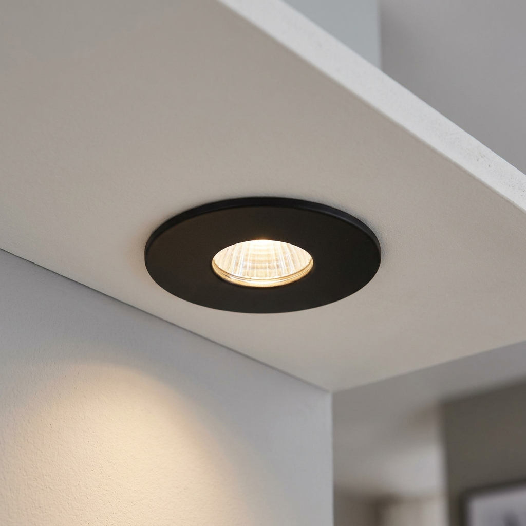 A black recessed LED light with a warm white glow installed in a white ceiling.