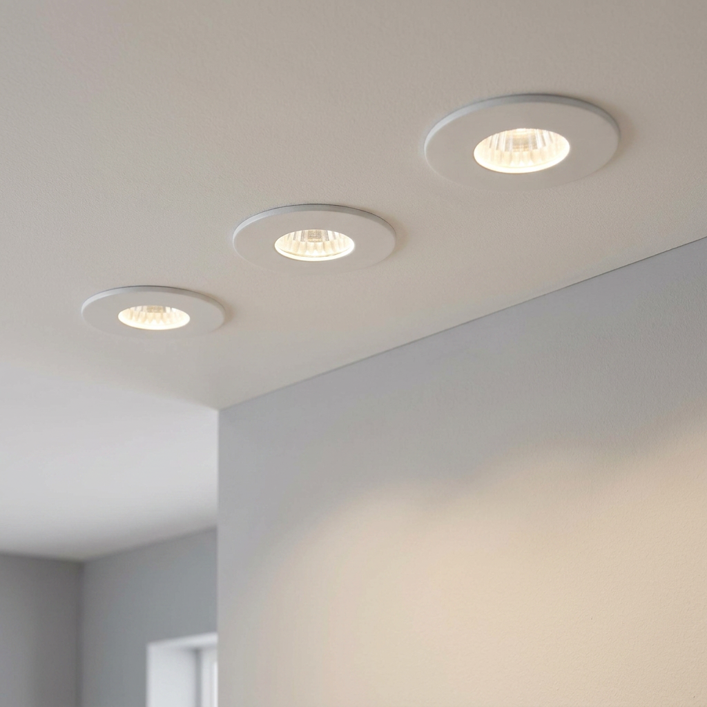 Three white recessed LED spotlights in a ceiling emitting a warm white glow against a neutral wall.